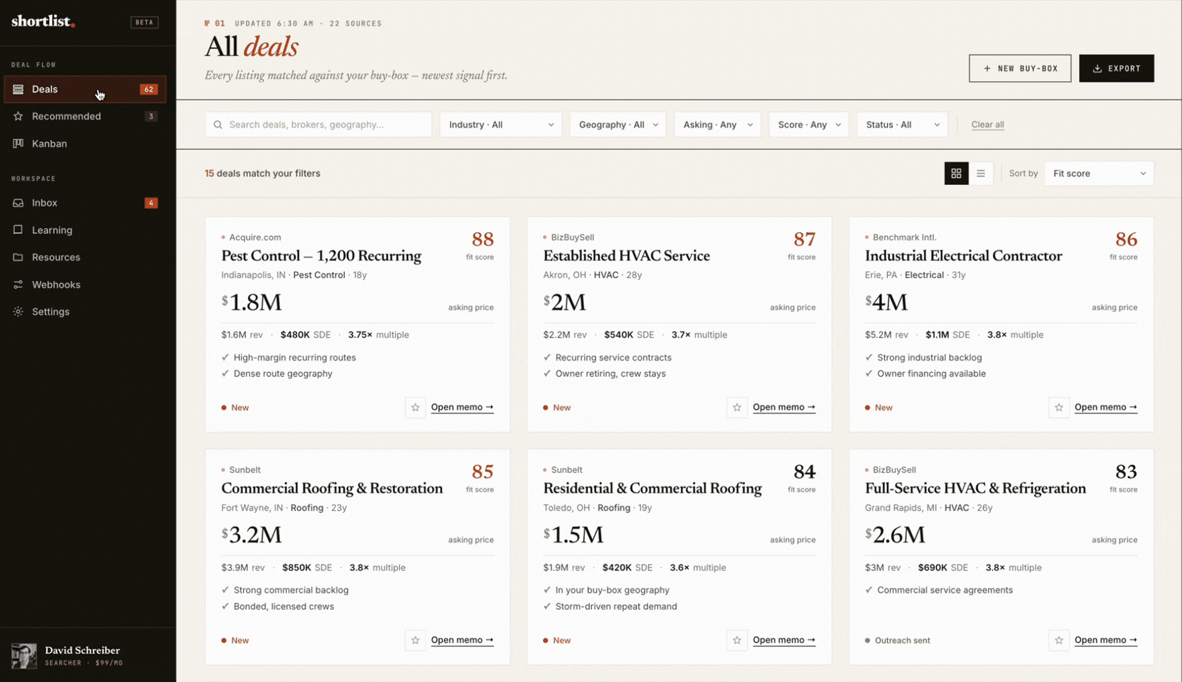 Shortlist web portal — every listing matched against your buy-box, scored, newest signal first